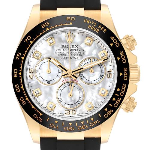 This image shows a front view of the Rolex Daytona 116518 Men's Yellow Gold Mother of Pearl Dial 116518 Men's Yellow Gold Mother of Pearl Dial watch, highlighting the dial, bezel, and chronograph subdials.