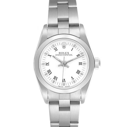 The Rolex Oyster Perpetual 76080 Women's Stainless Steel White Dial 76080 Women's Stainless Steel White Dial is shown from a front angle, displaying its dial, bezel, and bracelet.