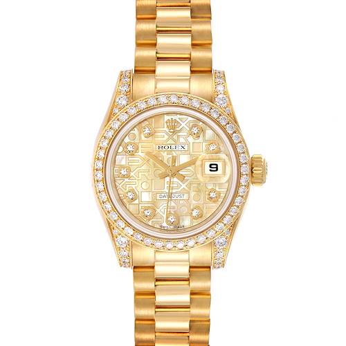 This image shows a front view of a Rolex President 179158 Women's Yellow Gold Mother of Pearl Dial 179158 Women's Yellow Gold Mother of Pearl Dial model watch featuring a gold and diamond-encrusted face and bracelet.