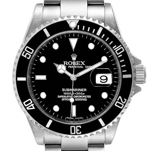 This image shows a Rolex Submariner 16610 Men's Stainless Steel Black Dial 16610 Men's Stainless Steel Black Dial watch face, bezel, and part of its bracelet in a front view.
