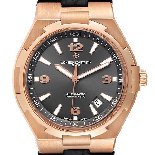 The image shows a close-up view of the dial and bezel of a Vacheron Constantin Overseas 47040/000R-9666 Men's Rose Gold Black Dial 47040/000R-9666 Men's Rose Gold Black Dial watch.