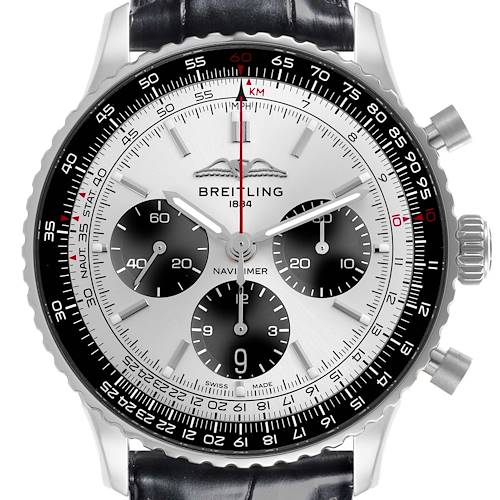 The Breitling Navitimer AB0138 Men's Stainless Steel Silver Dial AB0138 Men's Stainless Steel Silver Dial watch is shown from a front angle, displaying the dial, subdials, bezel, and crown.