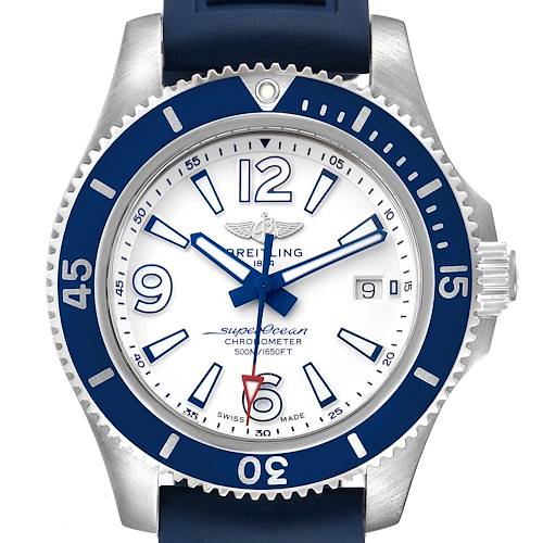 The image shows a front view of the Breitling Superocean A17366 Men's Stainless Steel White Dial A17366 Men's Stainless Steel White Dial watch, displaying its face, bezel, and part of the strap.