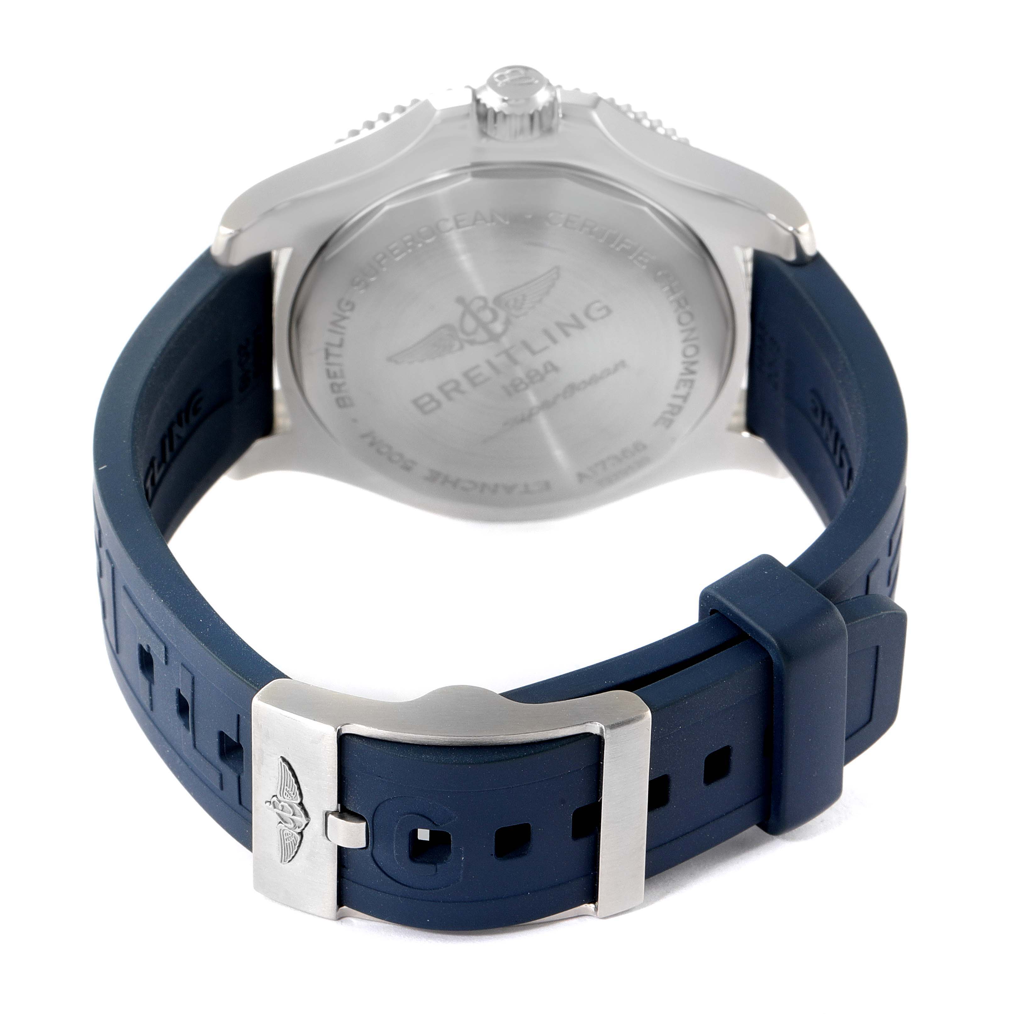 This image shows the back case and strap of the Breitling Superocean A17366 Men's Stainless Steel White Dial A17366 Men's Stainless Steel White Dial watch from a rear view angle.