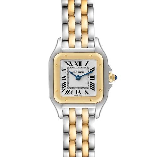 The image shows a front view of the Cartier Panthere W2PN0006 Women's Steel and Gold (two tone) Silver Dial W2PN0006 Women's Steel and Gold (two tone) Silver Dial watch, displaying its gold and silver bracelet and square dial with Roman numerals.
