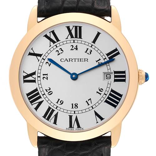 The image shows a frontal view of a Cartier Ronde W6700455 Men's Steel and Gold (two tone) Silver Dial W6700455 Men's Steel and Gold (two tone) Silver Dial watch, highlighting the Roman numeral dial, hands, date window, and leather strap.