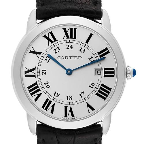 The image shows a front view of the Cartier Ronde WSRN0029 Women's Stainless Steel Silver Dial WSRN0029 Women's Stainless Steel Silver Dial watch, displaying the face, hands, bezel, strap, and crown.