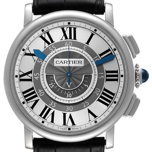 The image shows a frontal view of a Cartier Ronde W1556051 Men's White Gold Grey Dial W1556051 Men's White Gold Grey Dial watch, highlighting its face, Roman numeral markers, and blue hands.