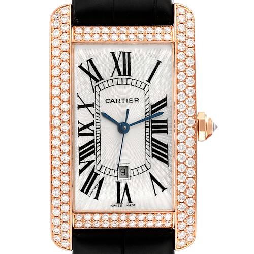 The image shows a front view of the Cartier Tank Americaine WB704851 Men's Rose Gold Silver Dial WB704851 Men's Rose Gold Silver Dial watch with a diamond bezel and Roman numeral markers.