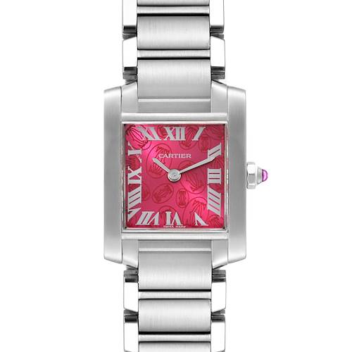 This image shows a front view of the Cartier Tank Francaise W51030Q3 Women's Stainless Steel Pink Dial W51030Q3 Women's Stainless Steel Pink Dial watch, highlighting its metal bracelet, rectangular case, and pink dial with Roman numerals.