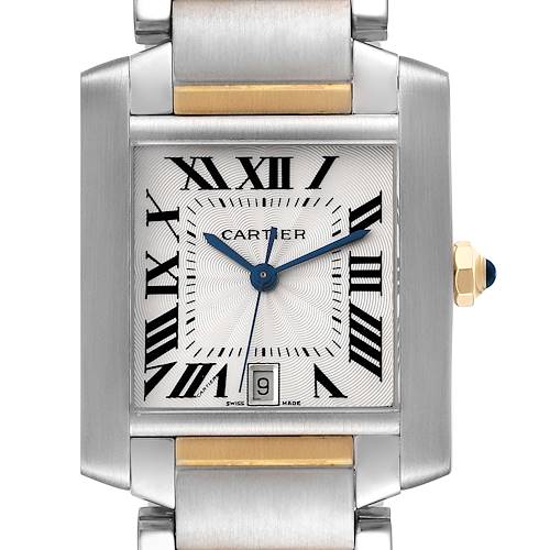 The image shows a frontal view of the Cartier Tank Francaise W51005Q4 Men's Steel and Gold (two tone) Silver Dial W51005Q4 Men's Steel and Gold (two tone) Silver Dial watch, displaying its dial with Roman numerals, hands, and part of its bracelet.
