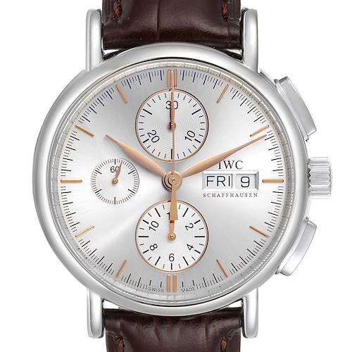This image shows a front view of the IWC Portofino IW378302  Men's Stainless Steel Silver Dial IW378302  Men's Stainless Steel Silver Dial watch, highlighting its dial, subdials, and brown leather strap.