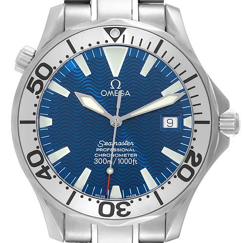 The image shows a front view of the Omega Seamaster 2255.80.00 Men's Stainless Steel Blue Dial 2255.80.00 Men's Stainless Steel Blue Dial watch highlighting its dial, bezel, and part of the stainless steel bracelet.