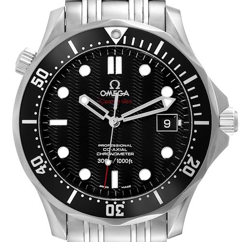 The image shows a front view of the Omega Seamaster 212.30.41.20.01.002 Men's Stainless Steel Black Dial 212.30.41.20.01.002 Men's Stainless Steel Black Dial watch, displaying the dial, bezel, hands, and bracelet.