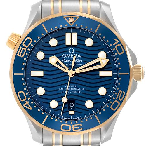 The image shows a front view of an Omega Seamaster 210.20.42.20.03.001 Men's Steel and Gold (two tone) Blue Dial 210.20.42.20.03.001 Men's Steel and Gold (two tone) Blue Dial watch, highlighting the blue dial, gold-accented bezel, and bracelet.