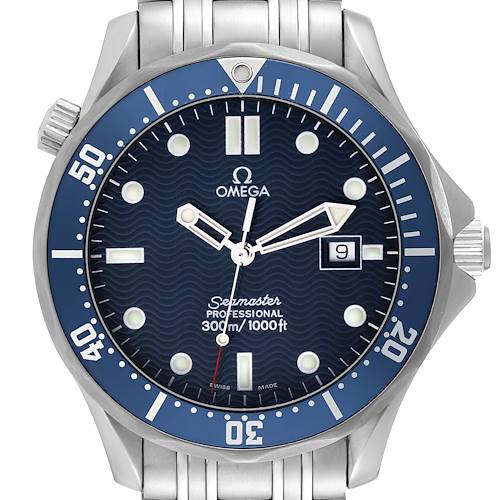 The image shows a front view of the Omega Seamaster 2541.80.00 Men's Stainless Steel Blue Dial 2541.80.00 Men's Stainless Steel Blue Dial watch, highlighting the dial, hands, date window, bezel, and bracelet.