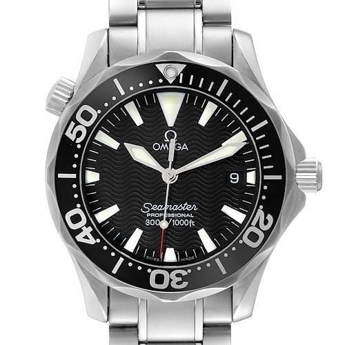 The image shows a frontal view of the Omega Seamaster 2262.50.00 Men's Stainless Steel Black Dial 2262.50.00 Men's Stainless Steel Black Dial watch, displaying its face, bezel, and part of the metal bracelet.