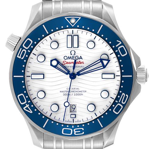 The image shows a front view of the Omega Seamaster 522.30.42.20.04.001 Men's Stainless Steel White Dial 522.30.42.20.04.001 Men's Stainless Steel White Dial watch, showcasing its white dial, blue bezel, and stainless steel case.