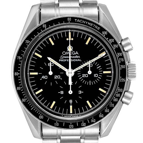 This image shows the face of an Omega Speedmaster 3591.50.00 Men's Stainless Steel Black Dial 3591.50.00 Men's Stainless Steel Black Dial model, displaying its tachymeter, chronograph dials, and bracelet.