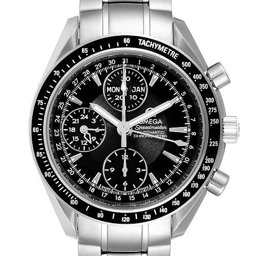 The image shows a front view of an Omega Speedmaster 3220.50.00 Men's Stainless Steel Black Dial 3220.50.00 Men's Stainless Steel Black Dial watch, displaying its face, bezel, and part of the stainless steel bracelet.