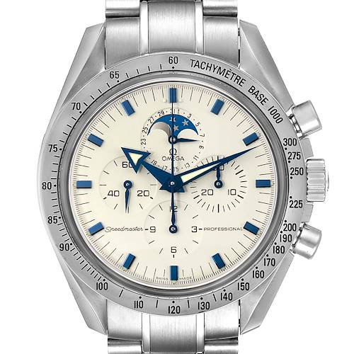 The image shows a front view of the Omega Speedmaster 3575.20.00 Men's Stainless Steel White Dial 3575.20.00 Men's Stainless Steel White Dial watch, highlighting its dial, tachymeter scale, and metal bracelet.