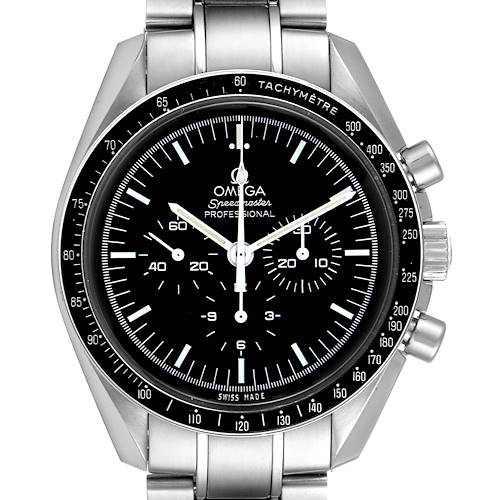 The image shows a frontal view of an Omega Speedmaster 311.30.42.30.01.005 Men's Stainless Steel Black Dial 311.30.42.30.01.005 Men's Stainless Steel Black Dial watch with a black dial, tachymeter bezel, and stainless steel bracelet.