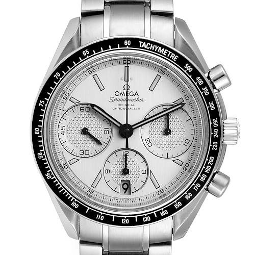 The image shows a front view of an Omega Speedmaster 326.30.40.50.02.001 Men's Stainless Steel Silver Dial 326.30.40.50.02.001 Men's Stainless Steel Silver Dial watch, highlighting its dial, bezel, sub-dials, and tachymeter.