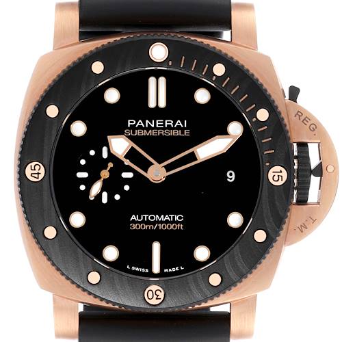 The Panerai Submersible PAM01070 Men's Rose Gold Black Dial PAM01070 Men's Rose Gold Black Dial watch is shown from the front, displaying the face, bezel, and crown guard prominently.