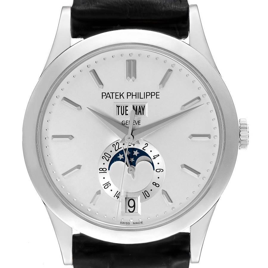The image shows a front view of the Patek Philippe Complications 5396G-011 Men's White Gold Silver Dial 5396G-011 Men's White Gold Silver Dial model watch, highlighting the dial, hands, moon phase, date, day, and month indicators.