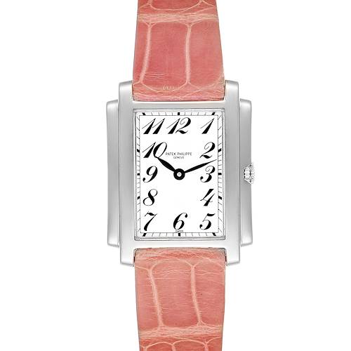 This image shows a front view of the Patek Philippe Gondolo 4824 Women's White Gold White Dial 4824 Women's White Gold White Dial watch, featuring its rectangular dial and pink textured strap.