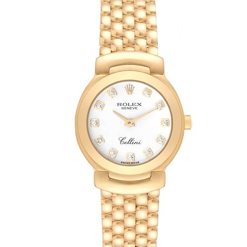 The image shows a front view of a Rolex Cellini 6621 Women's Yellow Gold White Dial 6621 Women's Yellow Gold White Dial watch, highlighting its face, dial, and metal band.