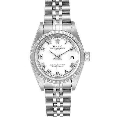 The Rolex Datejust 79240 Women's Stainless Steel White Dial 79240 Women's Stainless Steel White Dial watch is shown from a top-down angle, displaying the dial, hands, bezel, case, and bracelet.