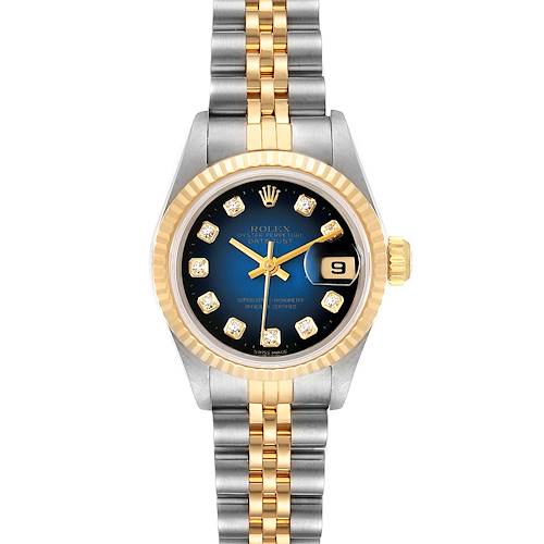 This image of a Rolex Datejust 69173 Women's Steel and Gold (two tone) Blue Dial 69173 Women's Steel and Gold (two tone) Blue Dial watch shows the front view, highlighting the dial, bezel, and two-tone bracelet.