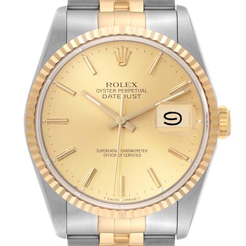 The image shows a close-up of the Rolex Datejust 16233 Men's Steel and Gold (two tone) Champagne Dial 16233 Men's Steel and Gold (two tone) Champagne Dial watch, featuring the dial, hands, date window, and part of the bracelet.