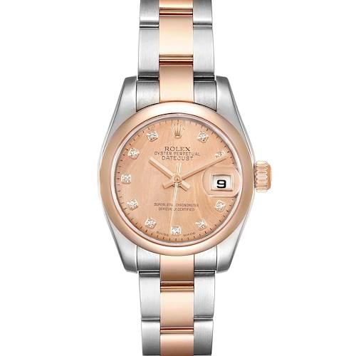 This image shows a Rolex Datejust 179161 Women's Rose Gold Pink Dial 179161 Women's Rose Gold Pink Dial watch from a front angle, featuring its dial, bezel, and bracelet.