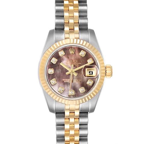 The image shows a frontal view of a Rolex Datejust 179173 Women's Steel and Gold (two tone) Mother of Pearl Dial 179173 Women's Steel and Gold (two tone) Mother of Pearl Dial watch, highlighting its dial, fluted bezel, and two-tone bracelet.