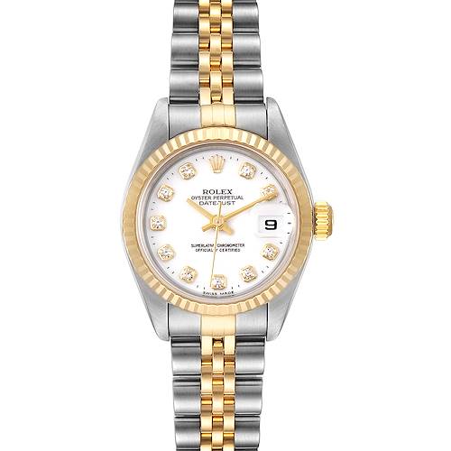 The image shows a Rolex Datejust 79173 Women's Steel and Gold (two tone) White Dial 79173 Women's Steel and Gold (two tone) White Dial watch from a front angle, showcasing its face, bezel, crown, and two-tone bracelet.