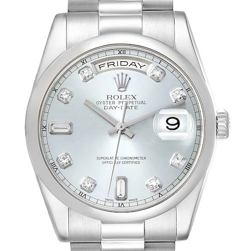 The image shows a front view of a Rolex President 118206 Men's Platinum Silver Dial 118206 Men's Platinum Silver Dial model watch, highlighting its face, bezel, and bracelet.