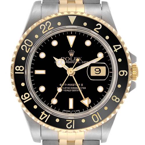 The image shows a front view of a Rolex GMT-Master 16713 Men's Steel and Gold (two tone) Black Dial 16713 Men's Steel and Gold (two tone) Black Dial II, highlighting the bezel, dial, and case.