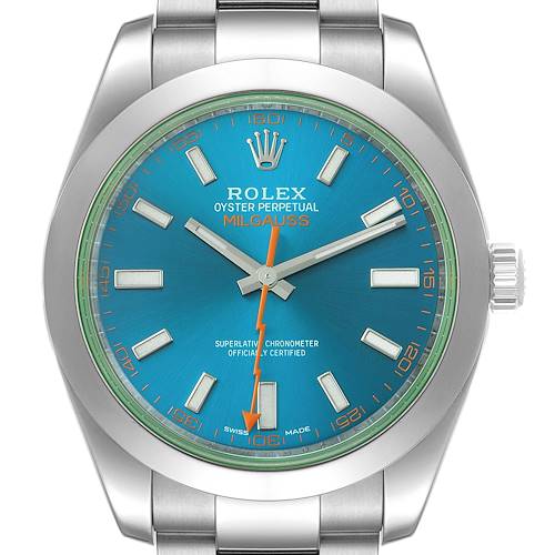 The image shows a front view of the Rolex Milgauss 116400GV Men's Stainless Steel Blue Dial 116400GV Men's Stainless Steel Blue Dial watch, highlighting its blue dial, orange hour markers, and stainless steel case and bracelet.