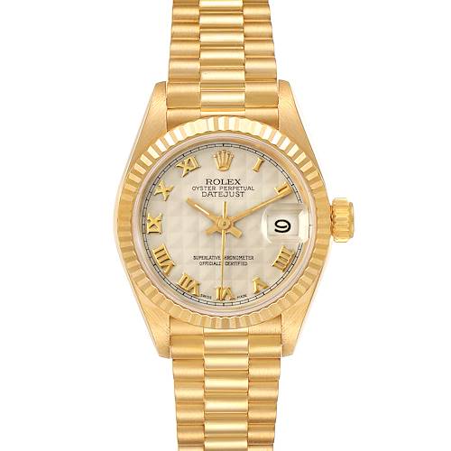 This image shows the face, dial, and band of a Rolex President 69178 Women's Yellow Gold Beige Dial 69178 Women's Yellow Gold Beige Dial model watch from a front angle.