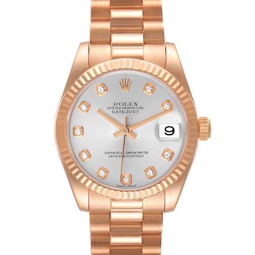 This image shows the front view of the Rolex President 178275 Women's Rose Gold Silver Dial 178275 Women's Rose Gold Silver Dial model watch, displaying its dial, hands, date window, and bracelet.