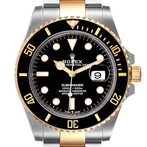 The image shows a frontal view of a Rolex Submariner 126613 Men's Steel and Gold (two tone) Black Dial 126613 Men's Steel and Gold (two tone) Black Dial watch, highlighting the dial, bezel, case, and part of the bracelet.