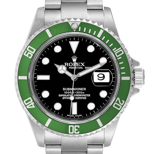 The image shows a front view of a Rolex Submariner 16610LV Men's Stainless Steel Black Dial 16610LV Men's Stainless Steel Black Dial watch with a green bezel and a black dial.