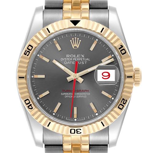 The Rolex Turn-o-Graph 116263 Men's Steel and Gold (two tone) Grey Dial 116263 Men's Steel and Gold (two tone) Grey Dial watch is shown from the front, displaying the bezel, dial, hands, date, and part of the two-tone bracelet.