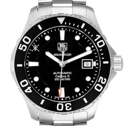 This image shows a close-up, front view of the Tag Heuer Aquaracer Limited Edition watch, featuring the dial, bezel, and part of the bracelet.