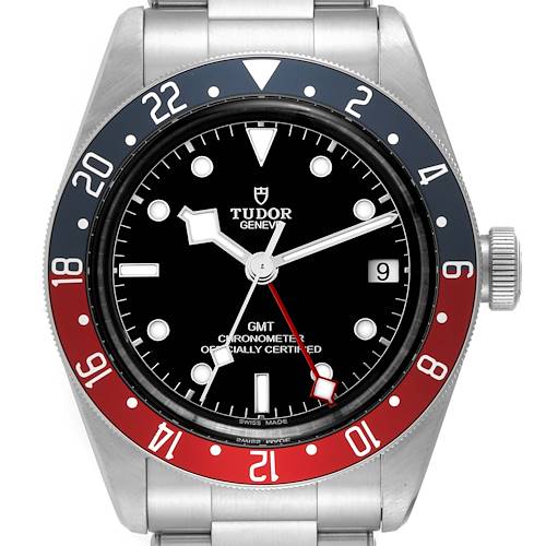 The image shows a front view of the Tudor Heritage Black Bay 79830RB Men's Stainless Steel Black Dial 79830RB Men's Stainless Steel Black Dial watch, highlighting its dial, bezel, and crown.