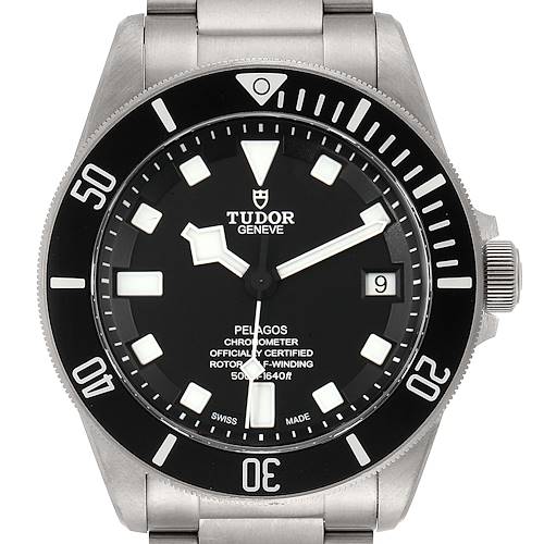 The image shows a front view of a Tudor Pelagos 25500TN Men's Titanium Black Dial 25500TN Men's Titanium Black Dial watch, highlighting the face, bezel, markers, and part of the bracelet.
