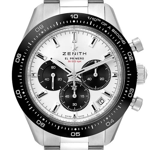 This image features a Zenith Chronomaster 03.3102.3600/02.M3100 Men's Stainless Steel White Dial 03.3102.3600/02.M3100 Men's Stainless Steel White Dial El Primero watch, shown from a front angle highlighting its dial and bezel details.