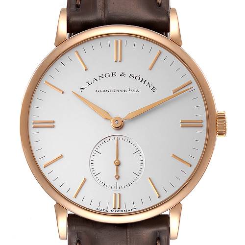 The image shows the front view of the A. Lange & Sohne Saxonia watch with a gold case and brown leather strap.